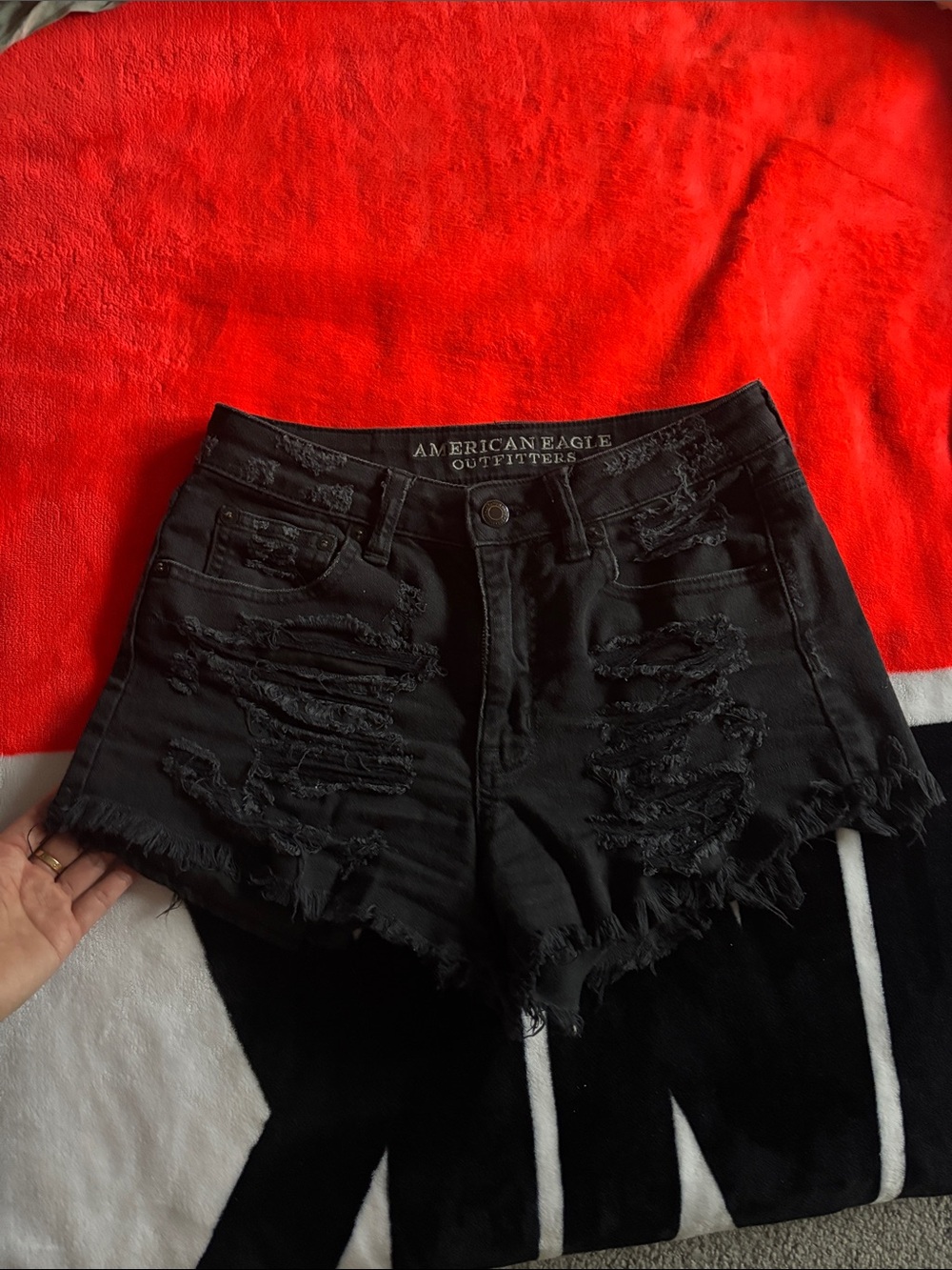 American Eagle Outfitters Black Distressed High-Rise Jean Shorts